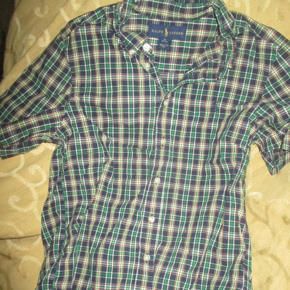 Ralph Lauren Boys Button-Down Shirt Size 10-12 Plaid Short Sleeve Cotton